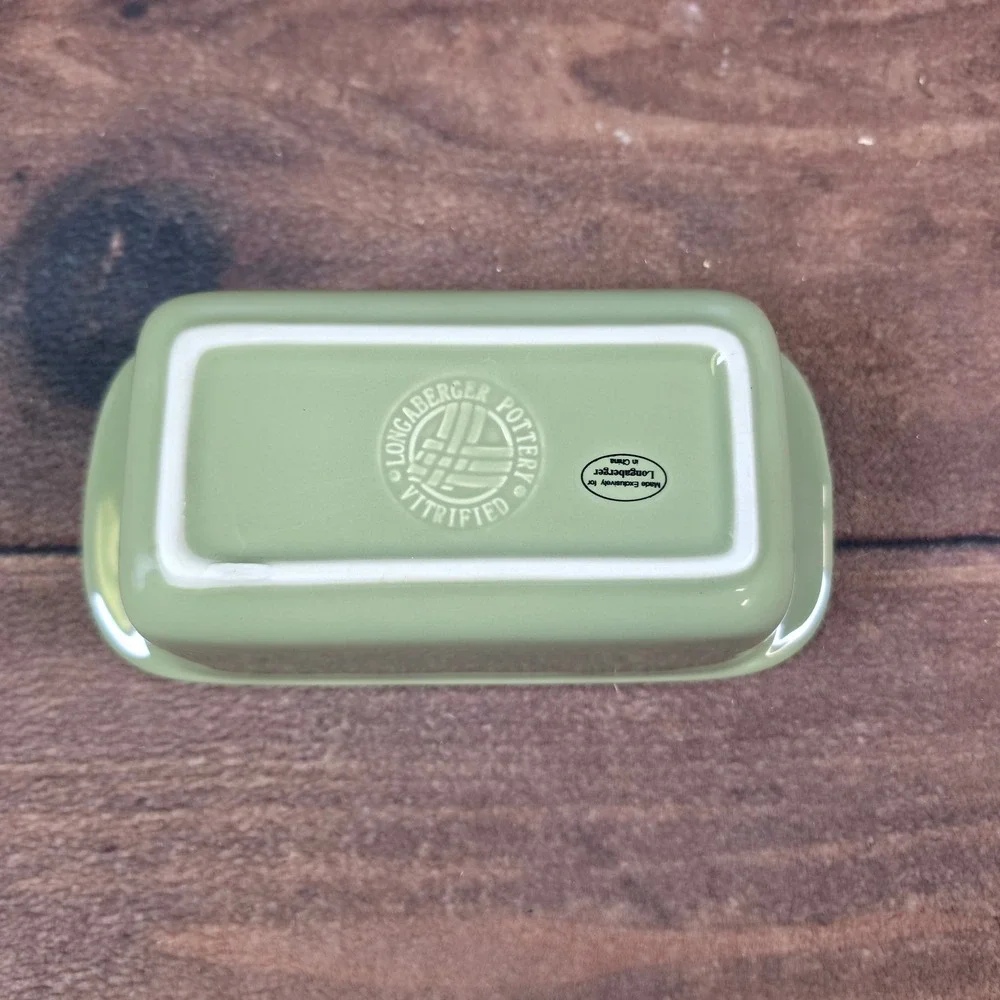 Longaberger Small Loaf Dish Pottery Sage Green Excellent Holiday Fabric Cover